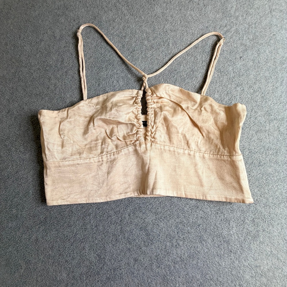 Zara Champagne Satin Ruched Keyhole Crop Top Bralette Women's Small